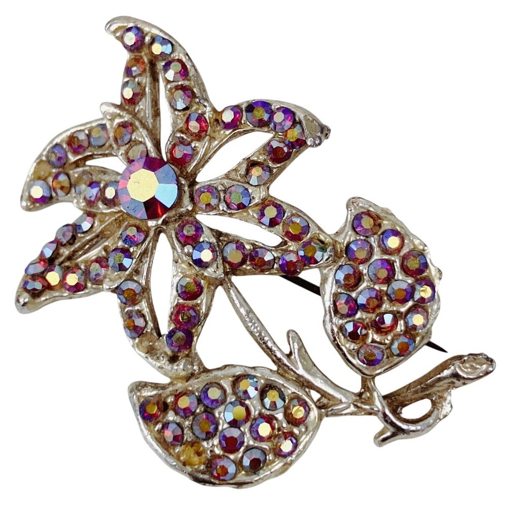 Mid Century AB Rhinestone Floral Brooch Silver Tone Textured Metal Vintage Pin